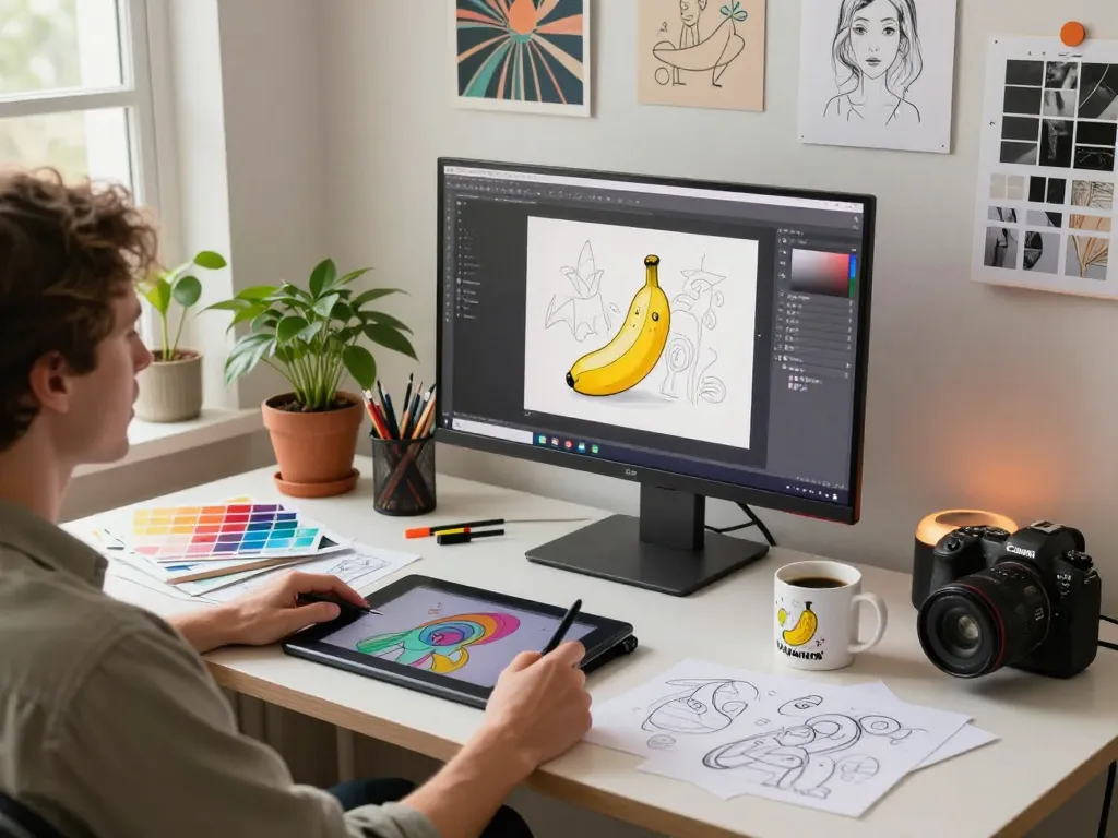 Artist creating stunning images with Nano Banana 2 in a vibrant workspace.