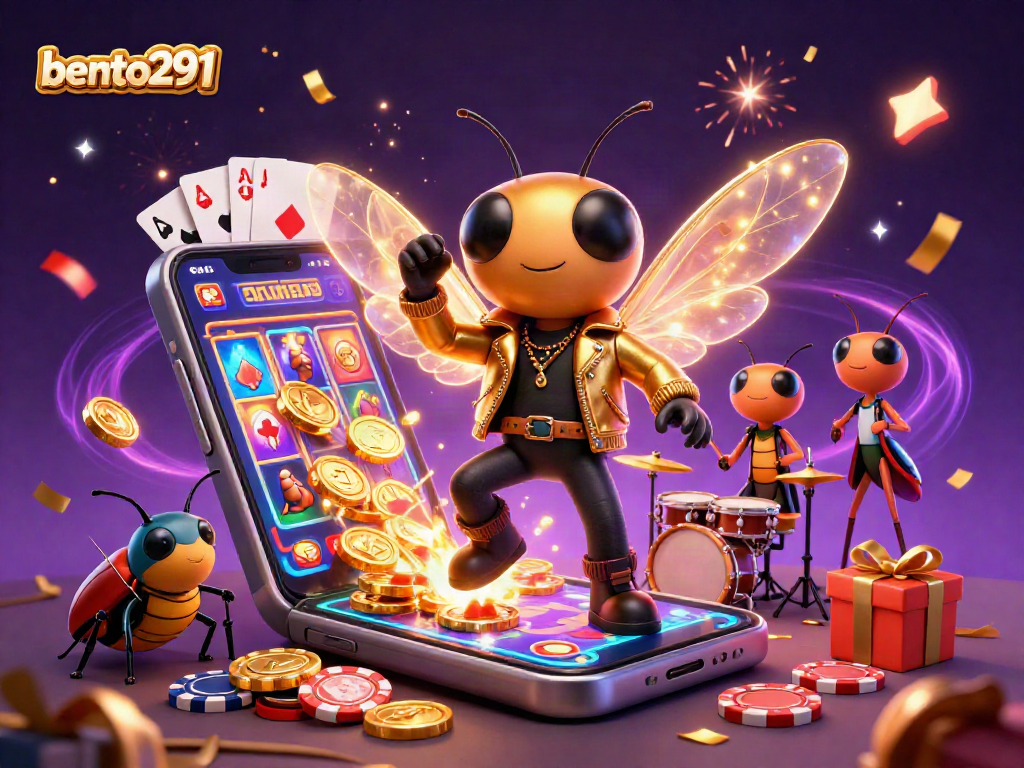 bento291 enthralls with a vibrant 3D casino scene featuring a cicada rock star and thrilling slot action.
