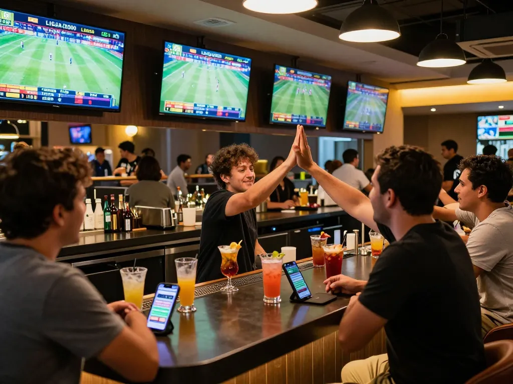 LIGA2000 patrons celebrating sports betting wins in a vibrant lounge setting, showcasing high-energy betting atmosphere.