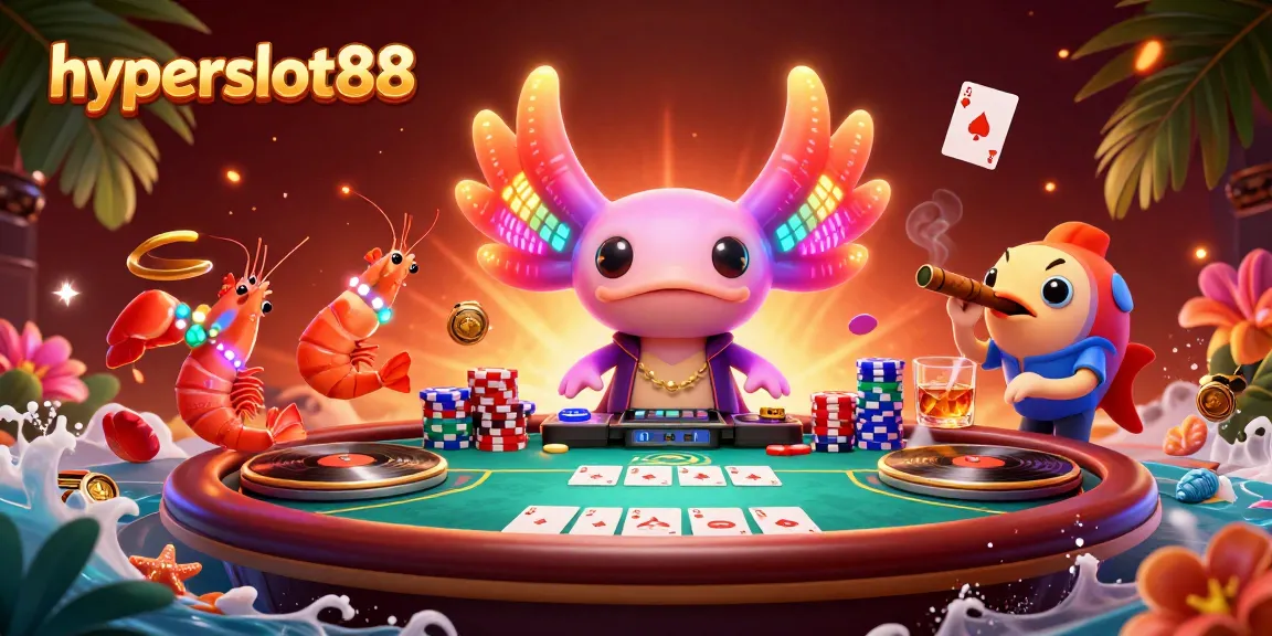 Engage with hyperslot88's vibrant casino scene featuring a lively axolotl DJ and poker elements.