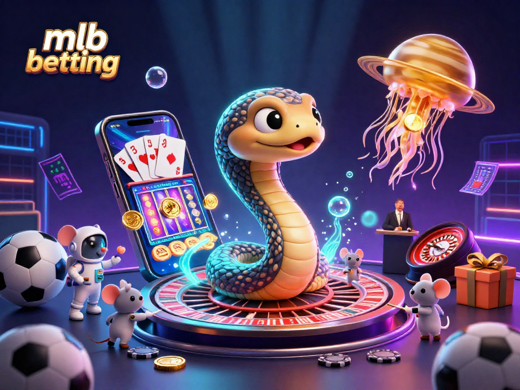 Experience MLB betting excitement with animated characters in cosmic casino-themed illustration.