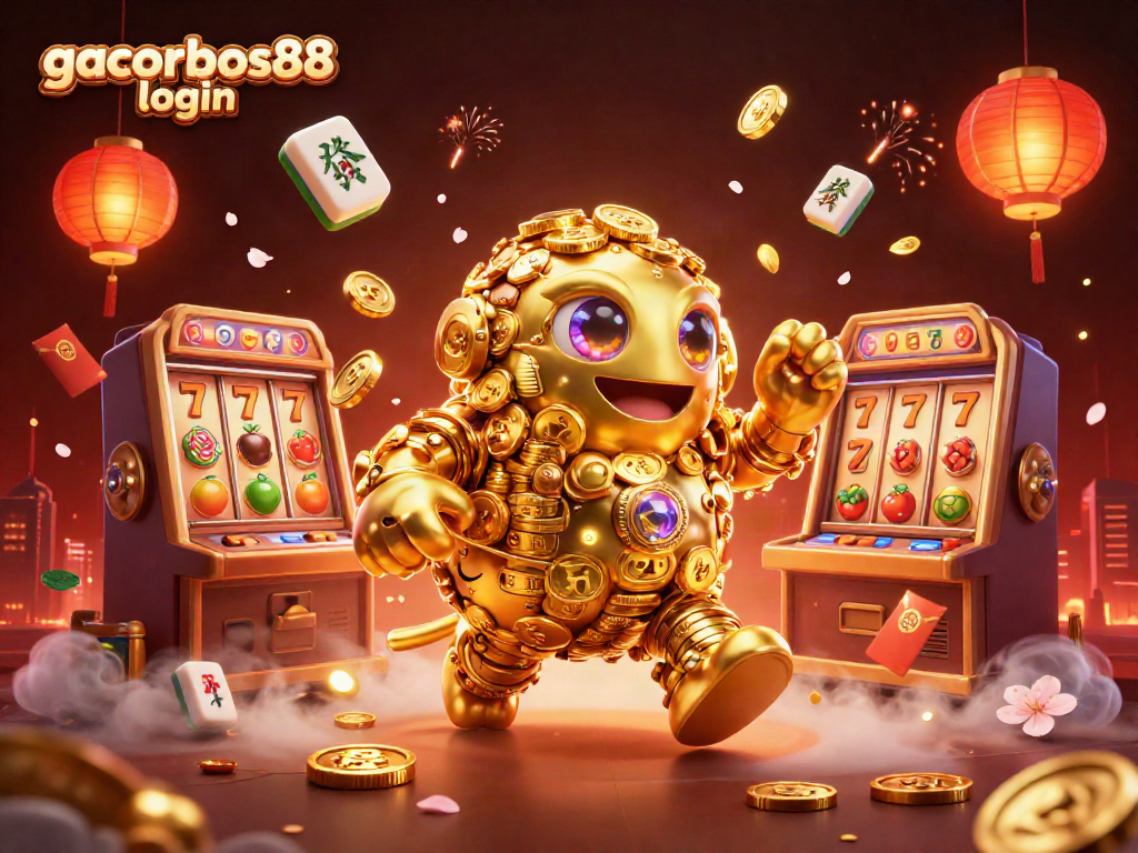 Engage with gacorbos88 login through vibrant 3D casino imagery showcasing a golden golem surrounded by slot machines and festive decorations.