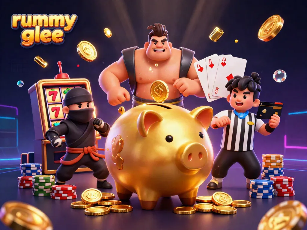 Mengalami keseruan bermain rummy glee dengan ilustrasi 3D menarik yang berisi simbol slot dan karakter dinamis.