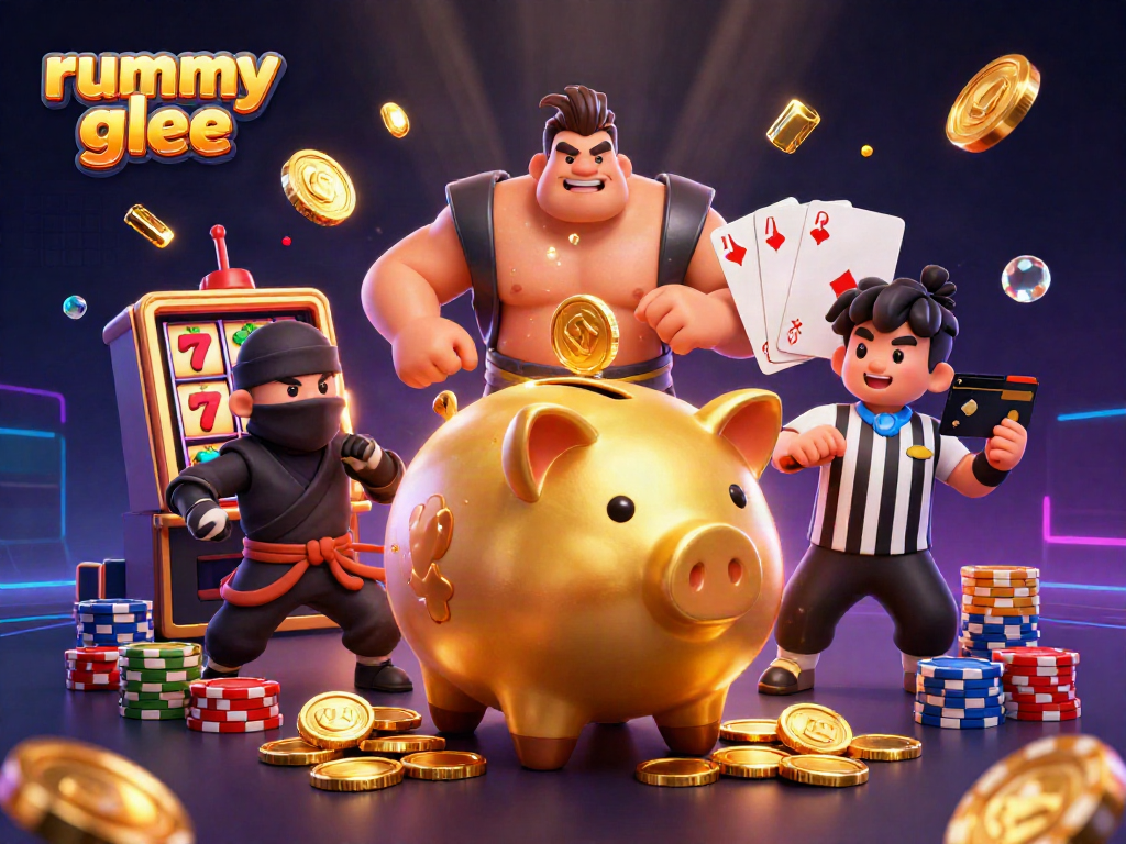 Mengalami keseruan bermain rummy glee dengan ilustrasi 3D menarik yang berisi simbol slot dan karakter dinamis.