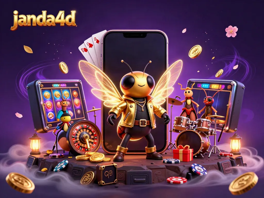 Permainan judi di JANDA4D dengan cicada rock star 3D dan banyak elemen kasino yang menarik.