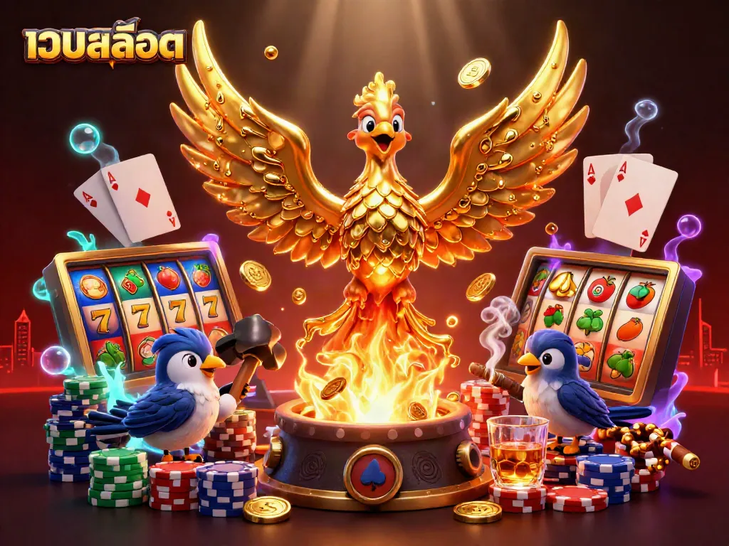 Engaging เว็บสล็อต scene with a molten golden phoenix, poker chips, and dynamic slot elements.