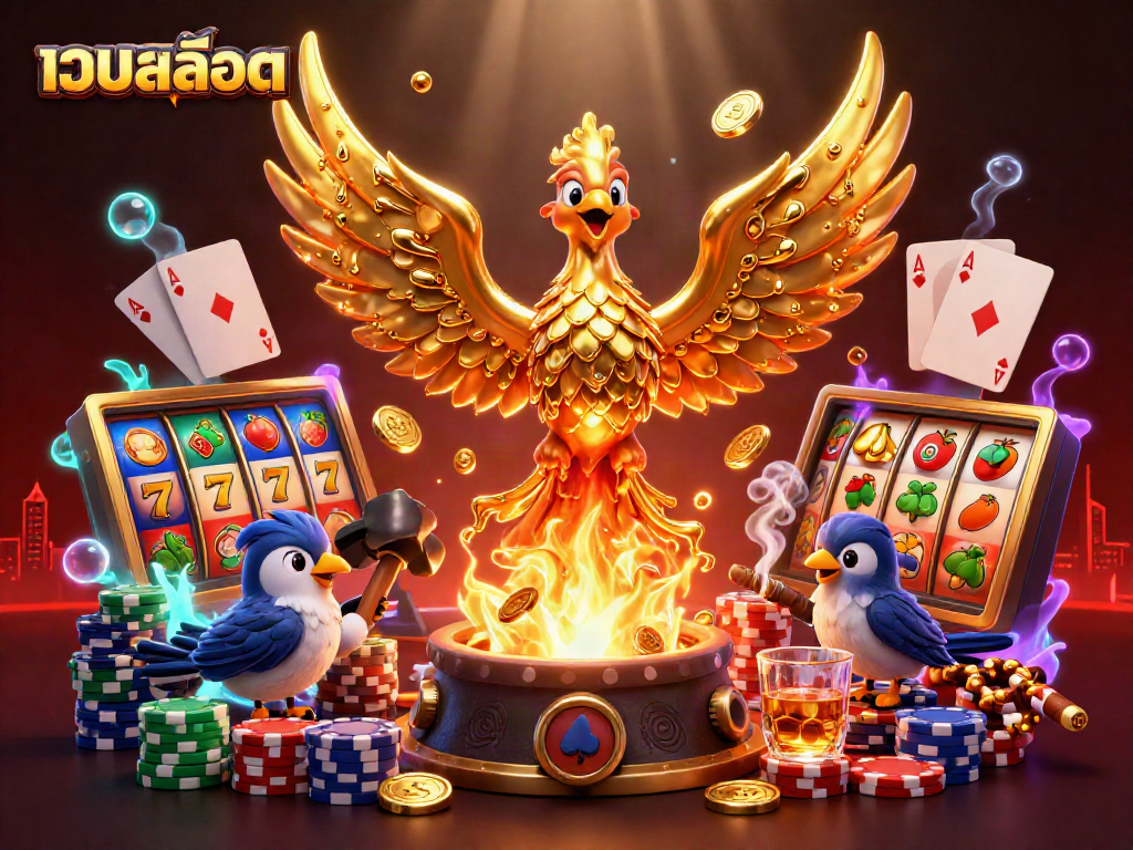Engaging เว็บสล็อต scene with a molten golden phoenix, poker chips, and dynamic slot elements.