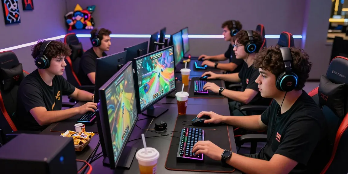Exciting gaming session at Mahajitu with players immersed in dynamic screens and high-end gear.