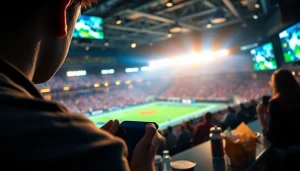 Immerse in the excitement of Sports Betting with a fan using a mobile app during a live game.