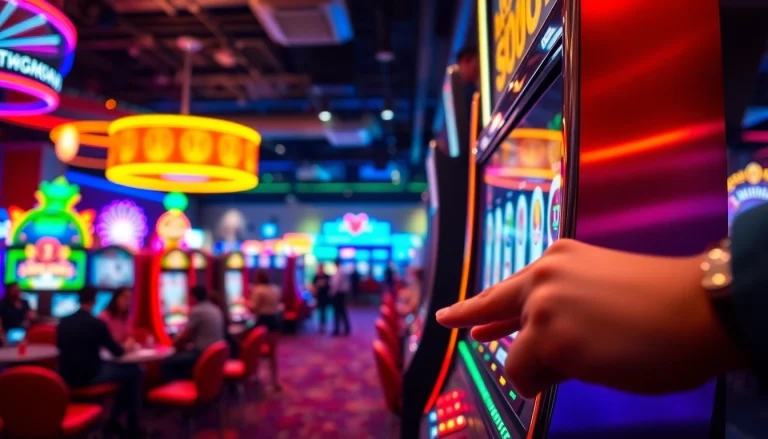 Slot Game menampilkan tangan bermain di mesin slot yang cerah dan mengasyikkan.