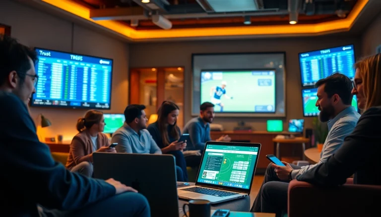 Engage in online Betting as diverse individuals place bets on mobile devices and laptops.