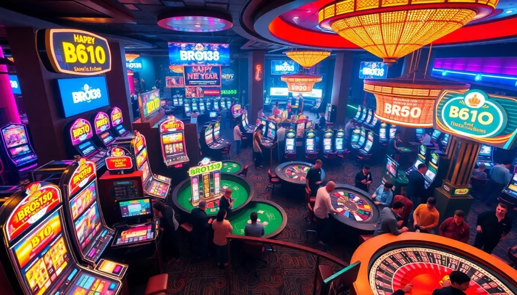 bro138 players enjoy a lively casino environment celebrating New Year's with vibrant slot machines and poker games