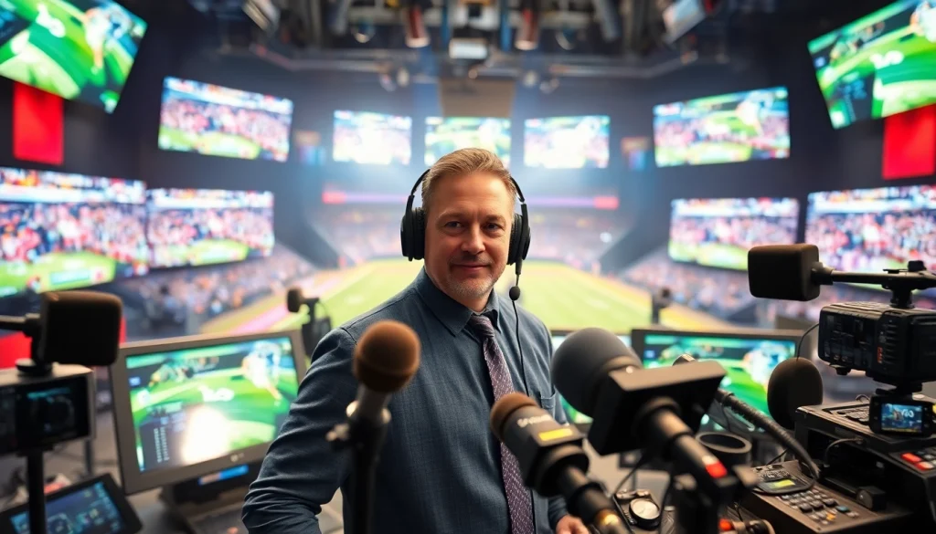 Engaging scene of sports broadcasting with a dynamic announcer and vibrant screens.