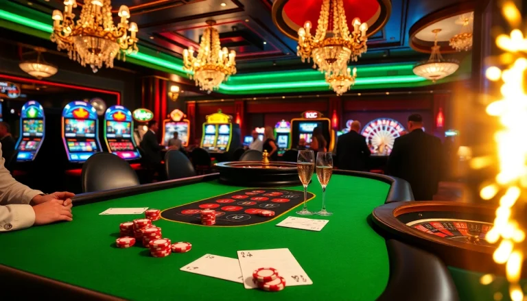 KJC poker table game showcasing excitement and luxury in a vibrant casino atmosphere.