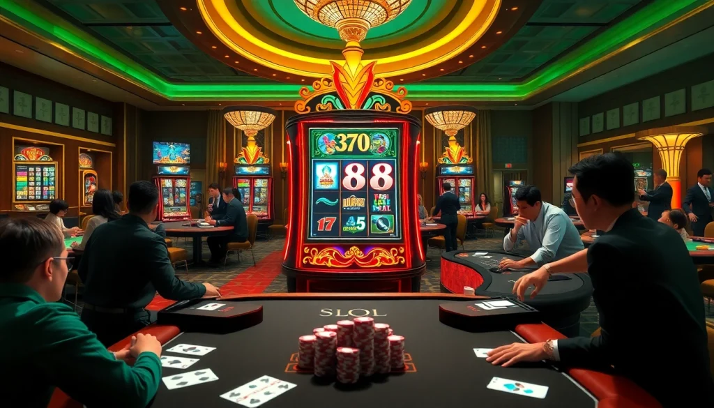 Engaging gamblers around a slot88 machine in a luxurious casino setting.