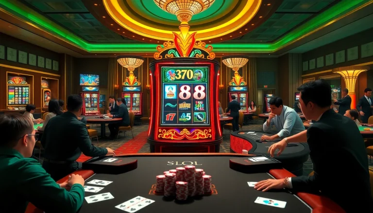 Engaging gamblers around a slot88 machine in a luxurious casino setting.