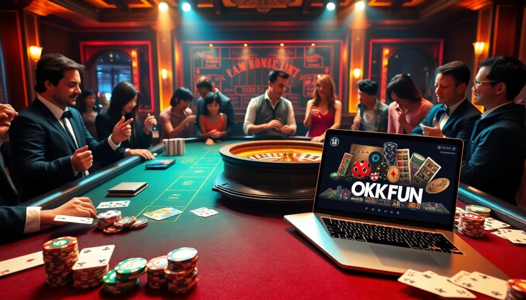 Engaged casino players enjoying an exciting game at OKFUN with poker chips and roulette wheels.