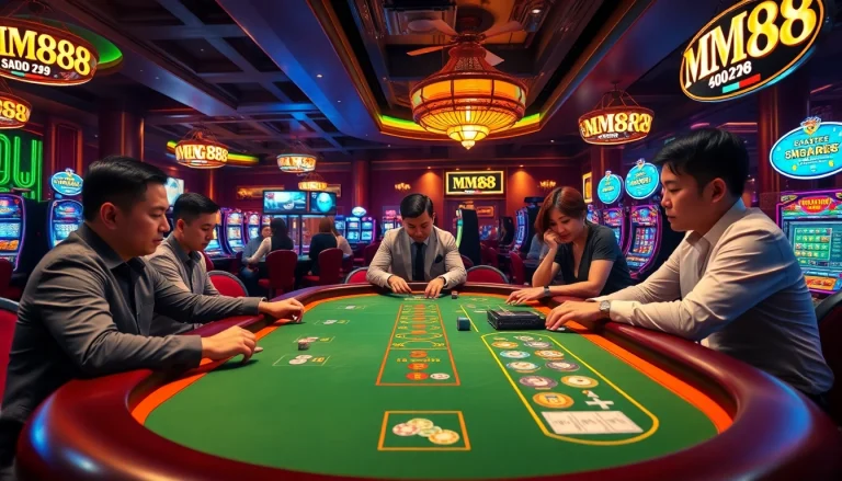 Players enjoying a strategic game at MM88 casino tables with vibrant atmosphere and luxurious decor.