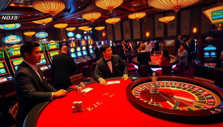 KJC casino scene featuring excited players at a poker table with colorful chips
