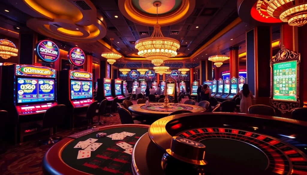 Experience the excitement of qqmacan at a vibrant casino featuring slot machines, poker tables, and roulette wheels.