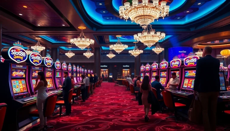 Players enjoying the thrill of slot88 machines in a vibrant casino setting.