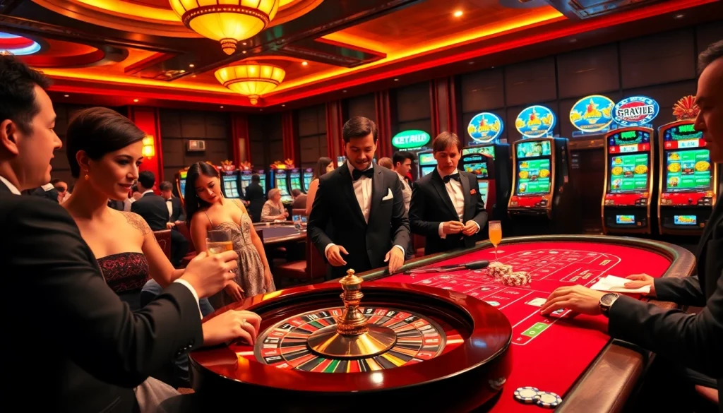 Players enjoying the thrill of gambling with https://kk55.host/ at a luxurious casino table.