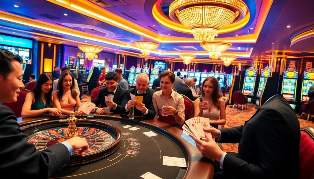 Excited players engaging at rr88 casino tables with poker chips and roulette wheel.