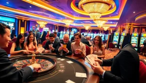 Excited players engaging at rr88 casino tables with poker chips and roulette wheel.