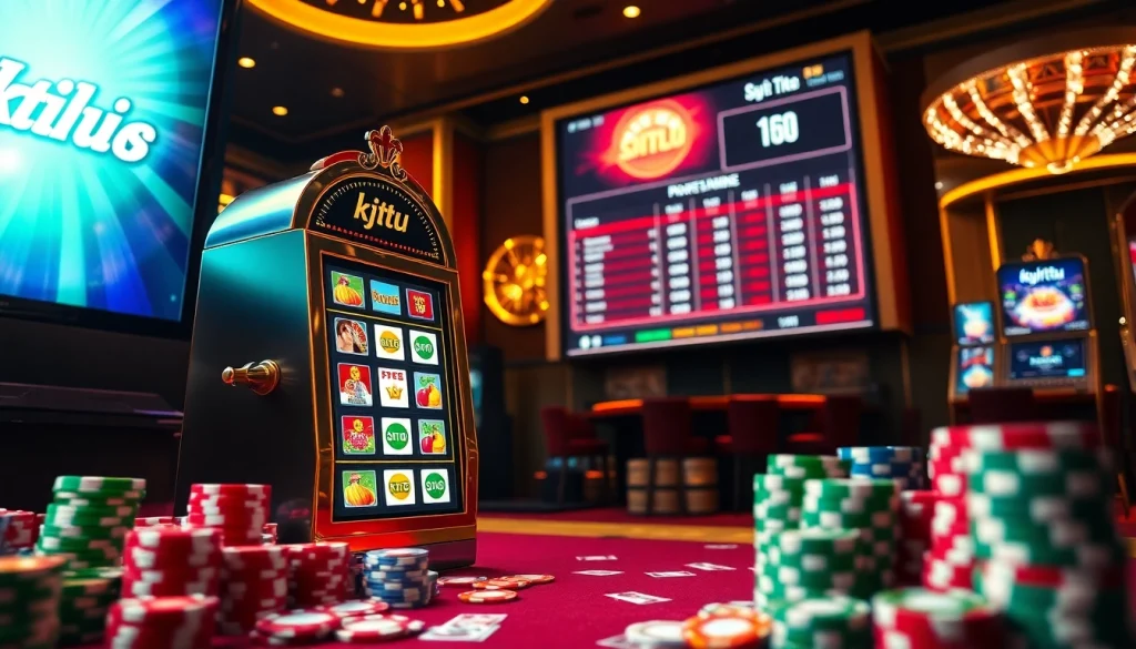 Engage with ktp jitu at an upscale casino featuring a vibrant slot machine scene.