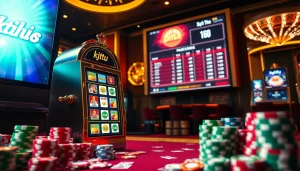 Engage with ktp jitu at an upscale casino featuring a vibrant slot machine scene.