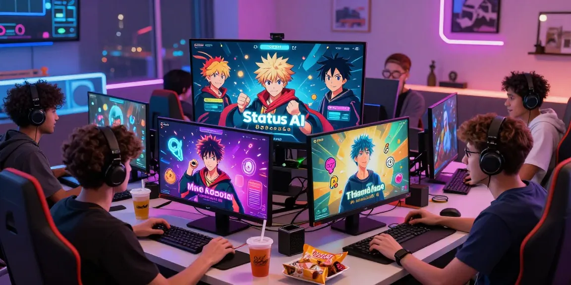 Diverse players engaging in Status AI, a social media simulation game, customizing characters and interacting with fandoms.