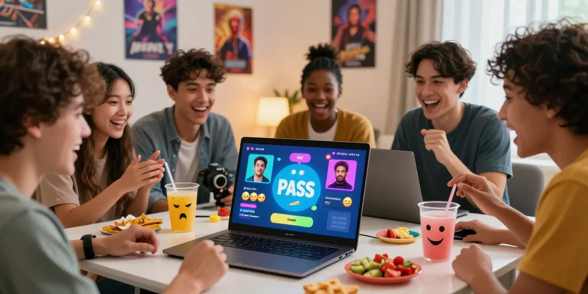 Friends enjoying the Smash or Pass game with AI-generated images in a lively living room.